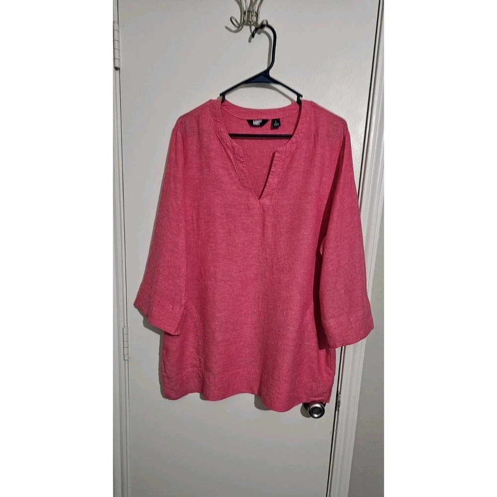 Lands' End Women's Linen Blend 3/4 Sleeve V-Neck Tunic Top Large Pink Coastal
